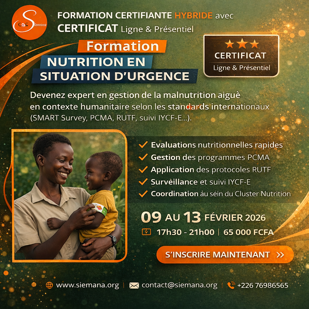 Formation Nutrition en Situation d'Urgence 2026 Ouagadougou Burkina Faso PCMA SMART Survey Siemana Institut