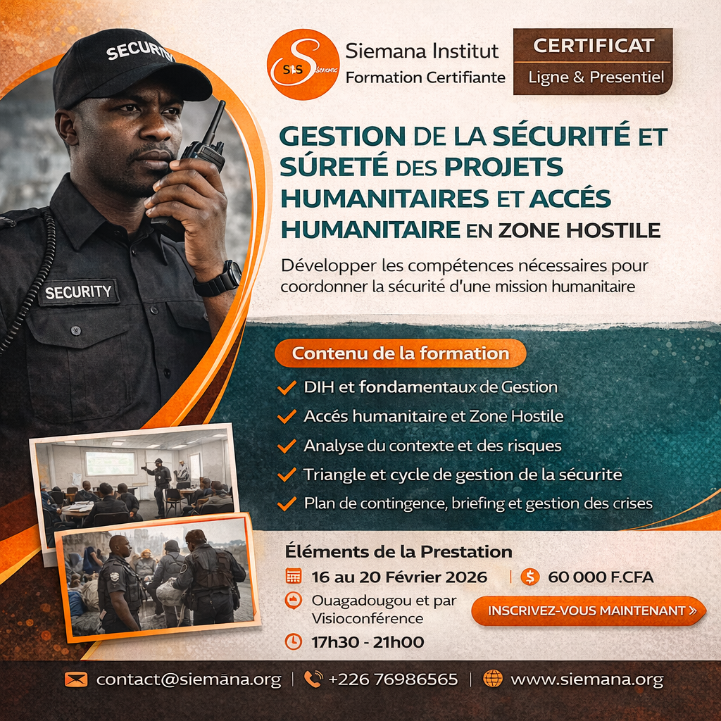 Formation Gestion Sécurité Projets Humanitaires 60000 FCFA Février 2026 Burkina Faso Siemana Institut